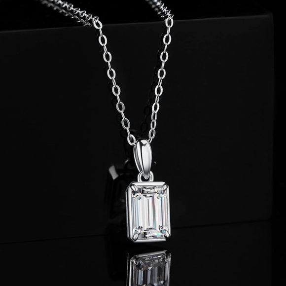 1ct Emerald Cut Moissanite Pendant 925 Sterling Silver Necklace 18” + GRA Cert
